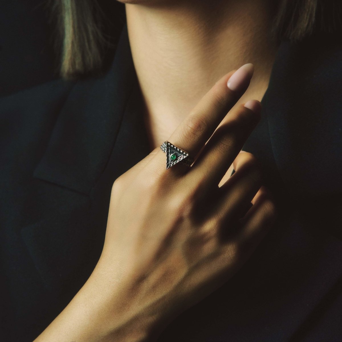 triangle silver ring with green onyx stone Sez - Pregomesh